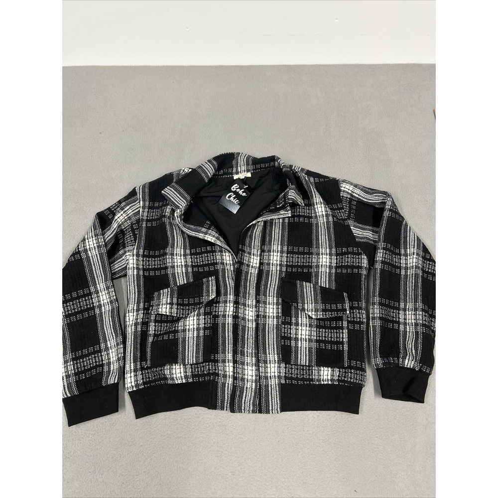 La Miel Jacket Plaid Coat Womens Size Medium Black And White Button Up